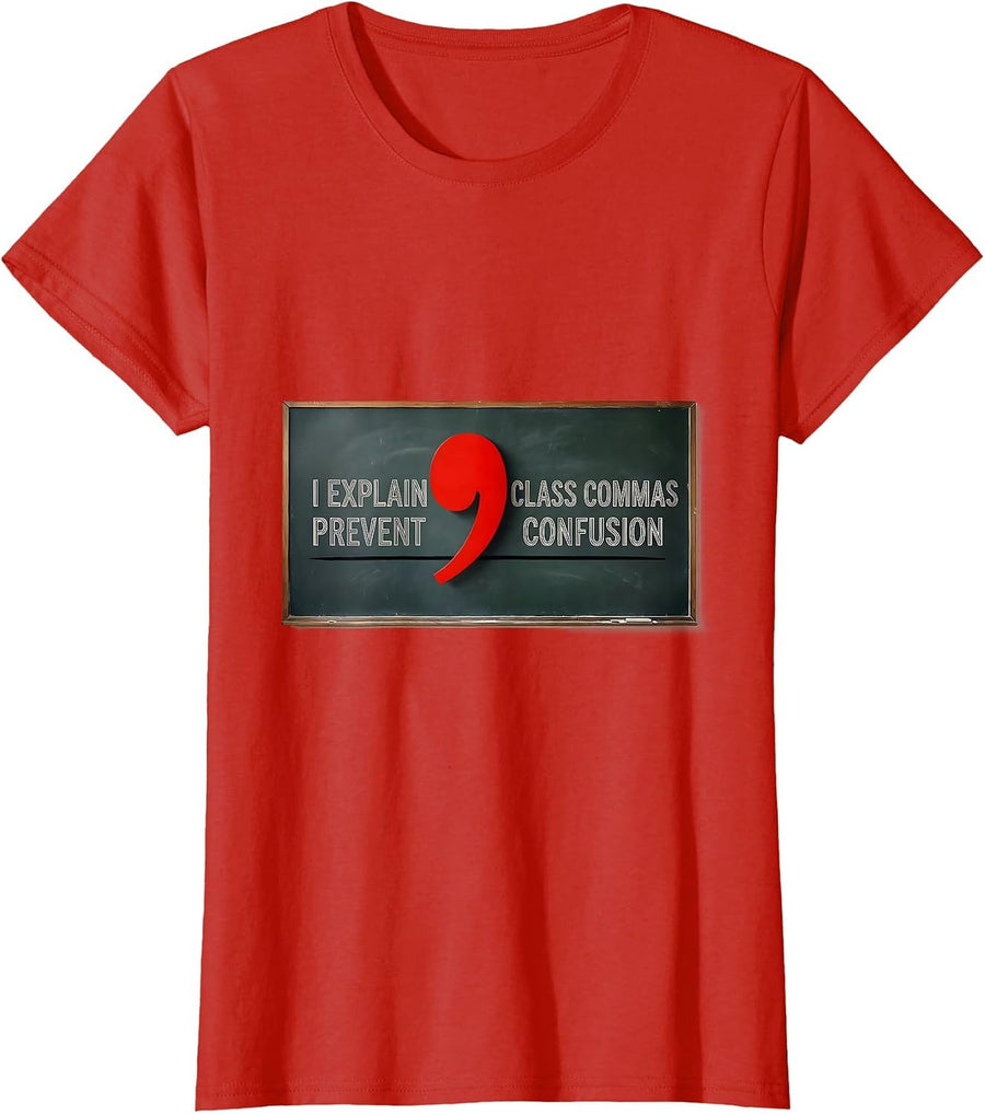 Women's I Explain Class Commas Prevent Confusion Funny Grammar T-Shirt - Red