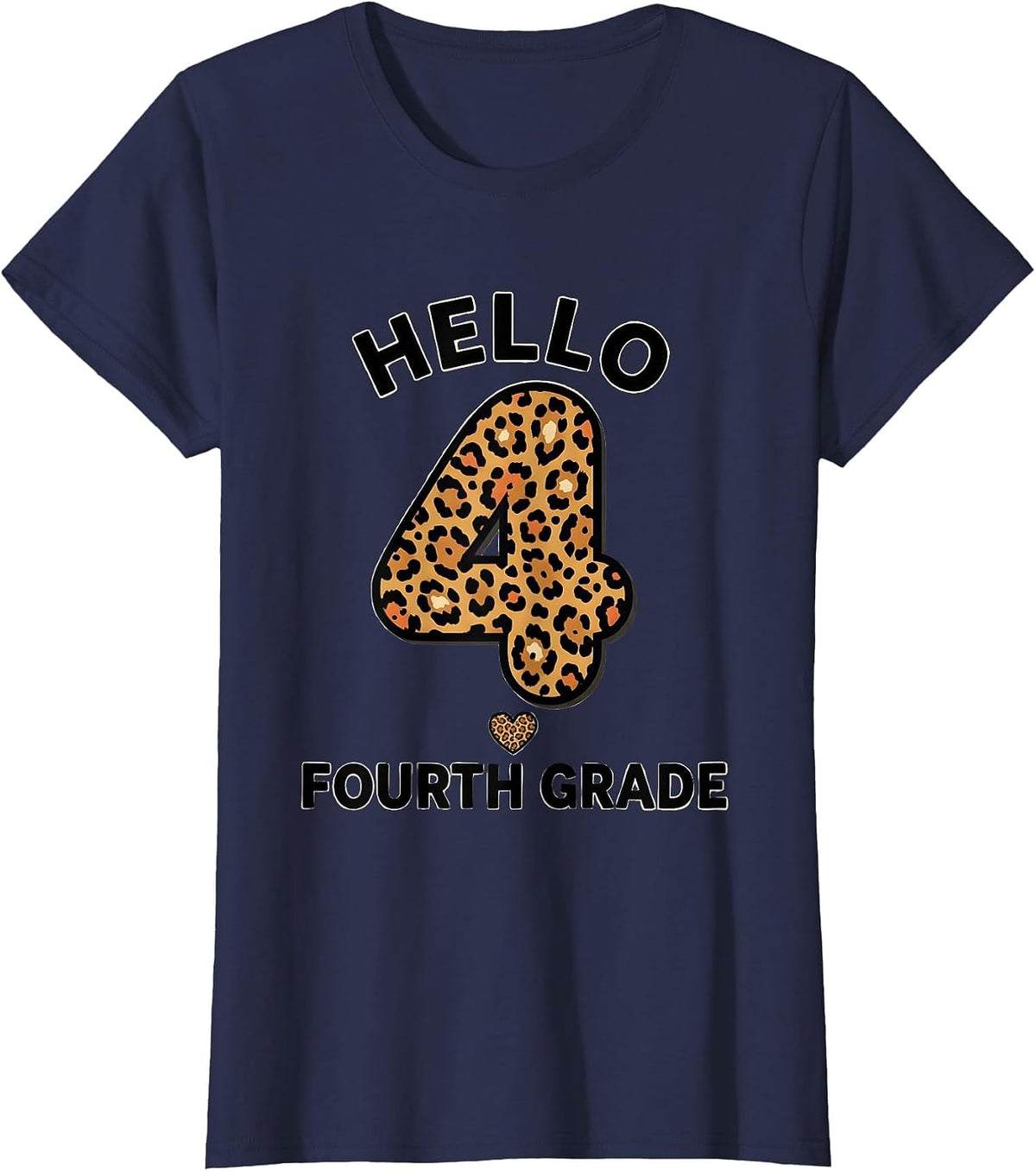 Women's Hello Fourth Grade Cute Leopard Print Teacher Back To School T-Shirt - Navy Blue