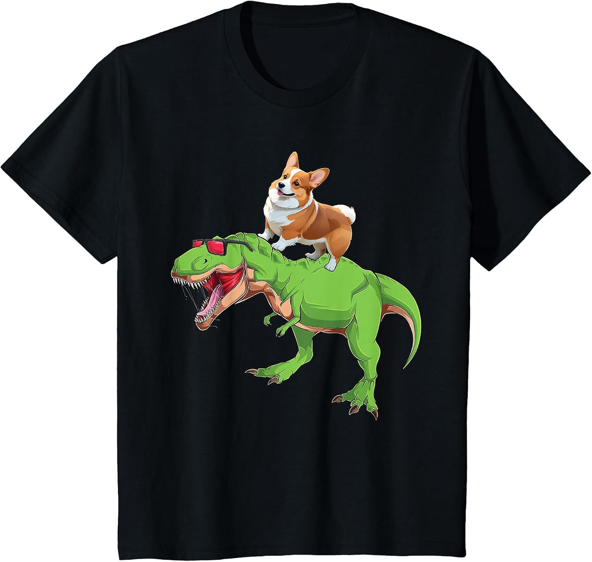 Corgi Riding Dinosaur T Rex Dog Funny Corgi Space Kids Boys T-Shirt - Black