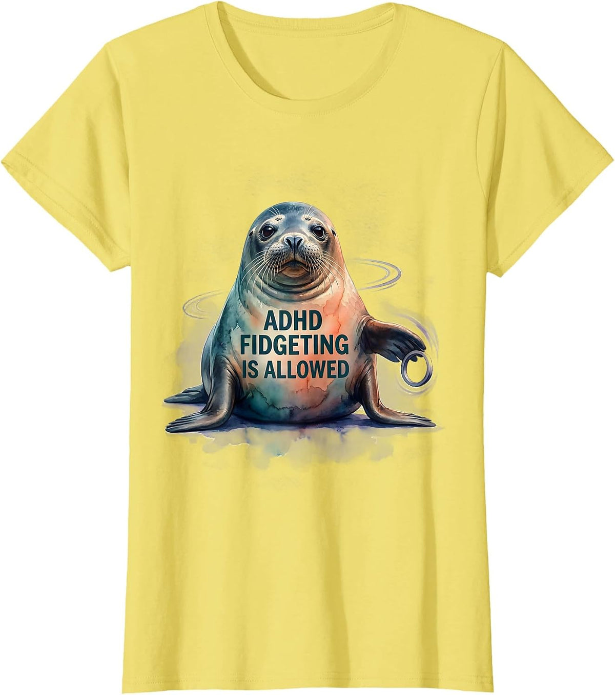 Women's ADHD Fidgeting Is Allowed Watercolor Seal Neurodivergent T-Shirt - Lemon Yellow