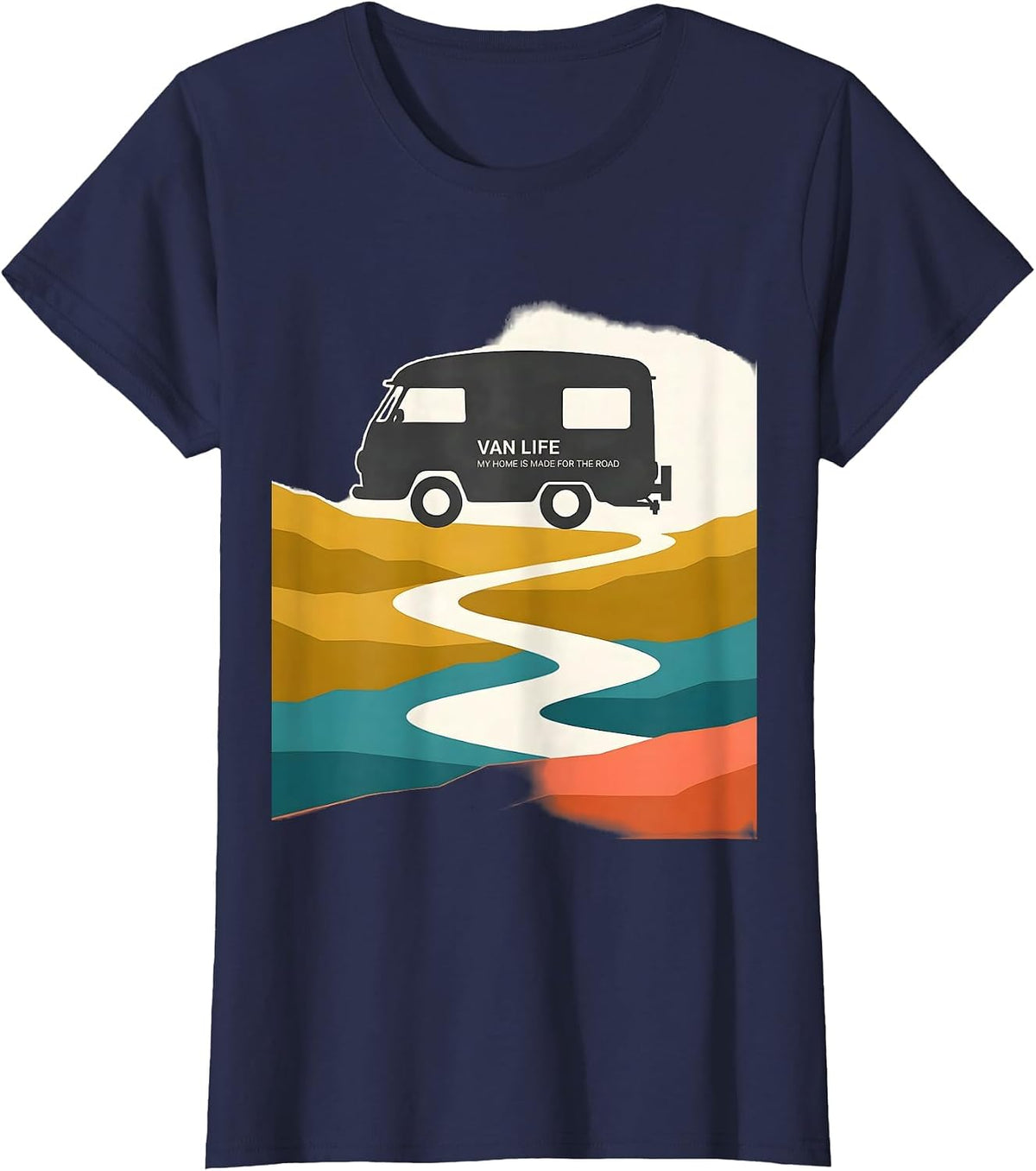 Women's Van Life My Home Is Made For The Road Retro Camper Vanlife T-Shirt - Navy Blue