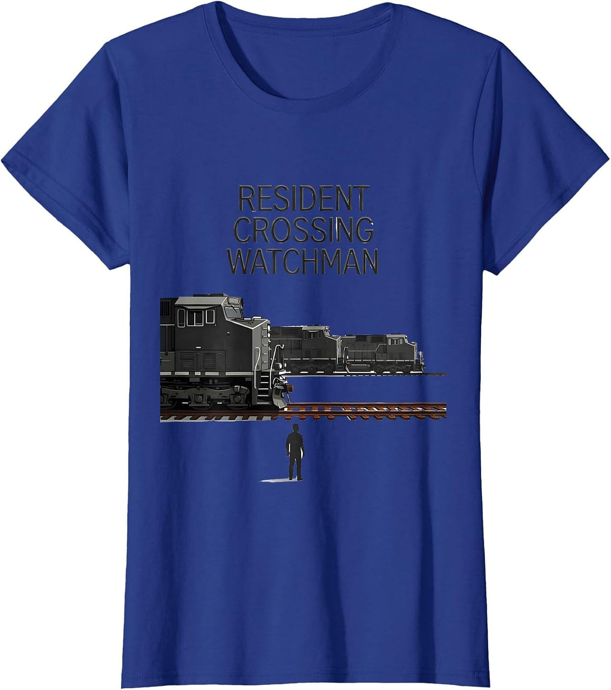 Women's Resident Crossing Watchman Minimalist Train Enthusiast Humor T-Shirt - Royal Blue