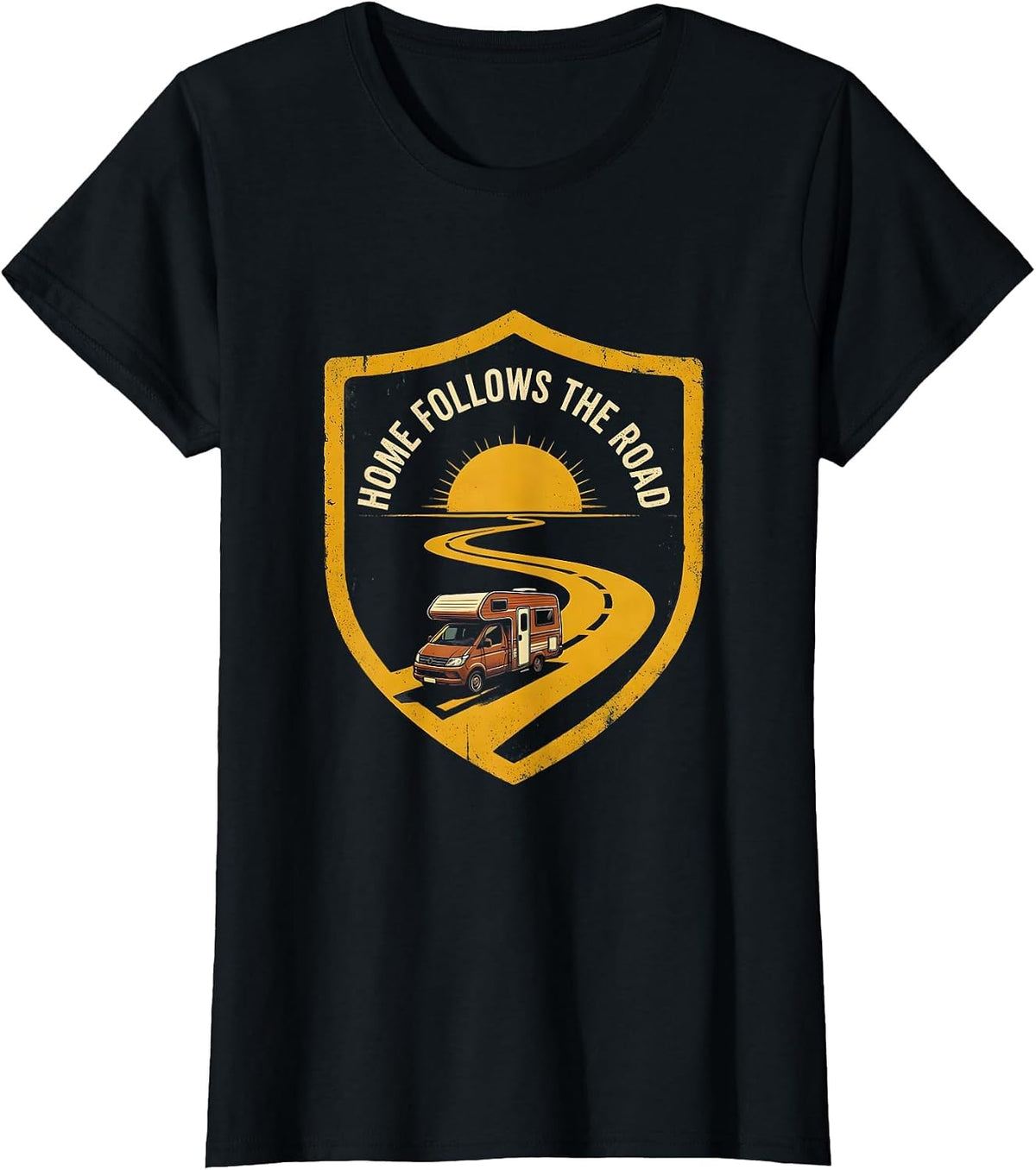 Home Follows The Road Retro Van Life Emblem T-Shirt - Black