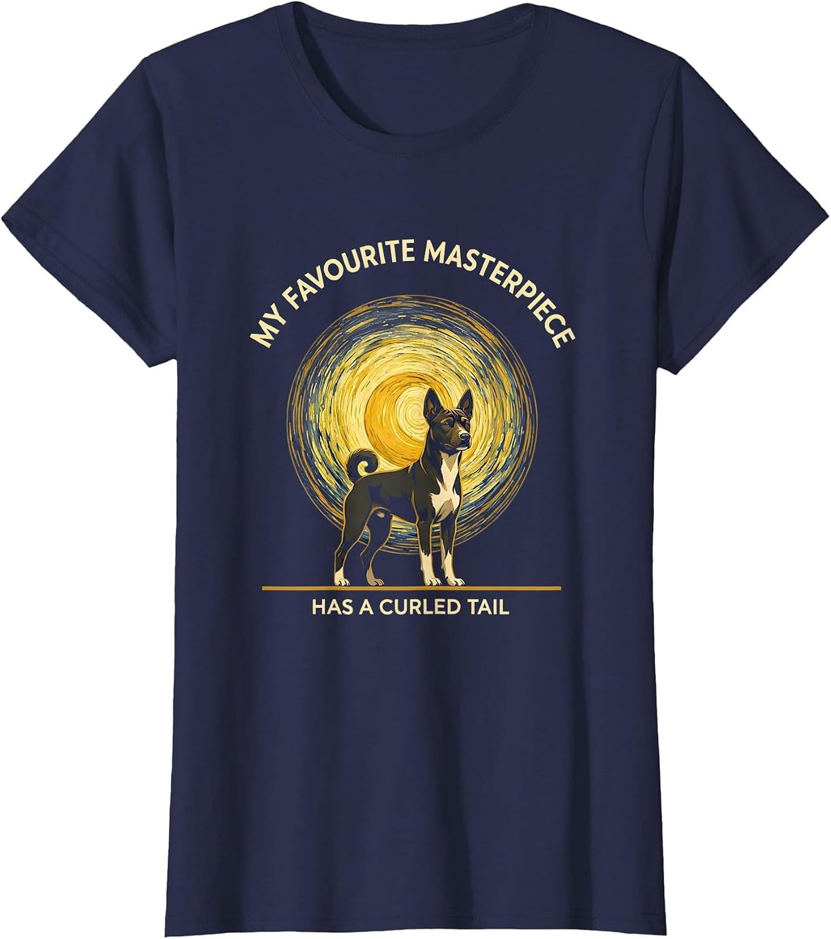 Women's My Favourite Masterpiece Has A Curled Tail Basenji Portrait T-Shirt - Navy Blue