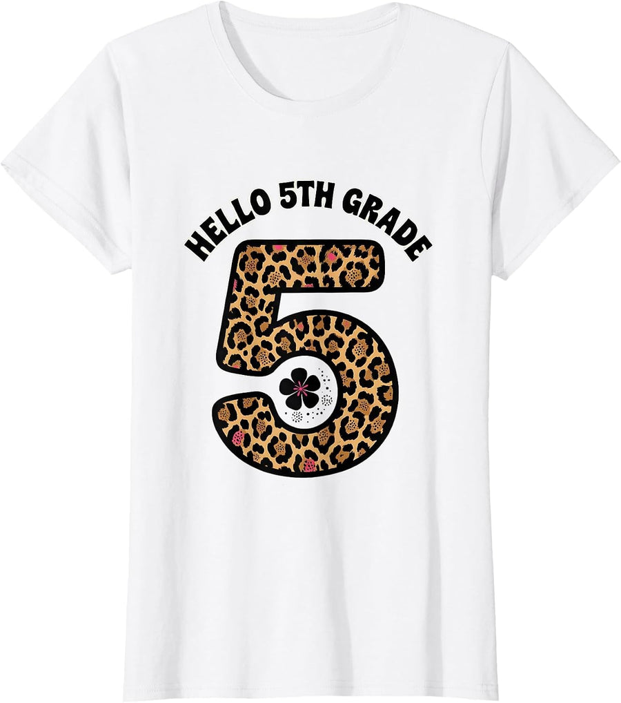 Women's Hello 5th Grade Leopard Teacher Back To School Girls T-Shirt - White