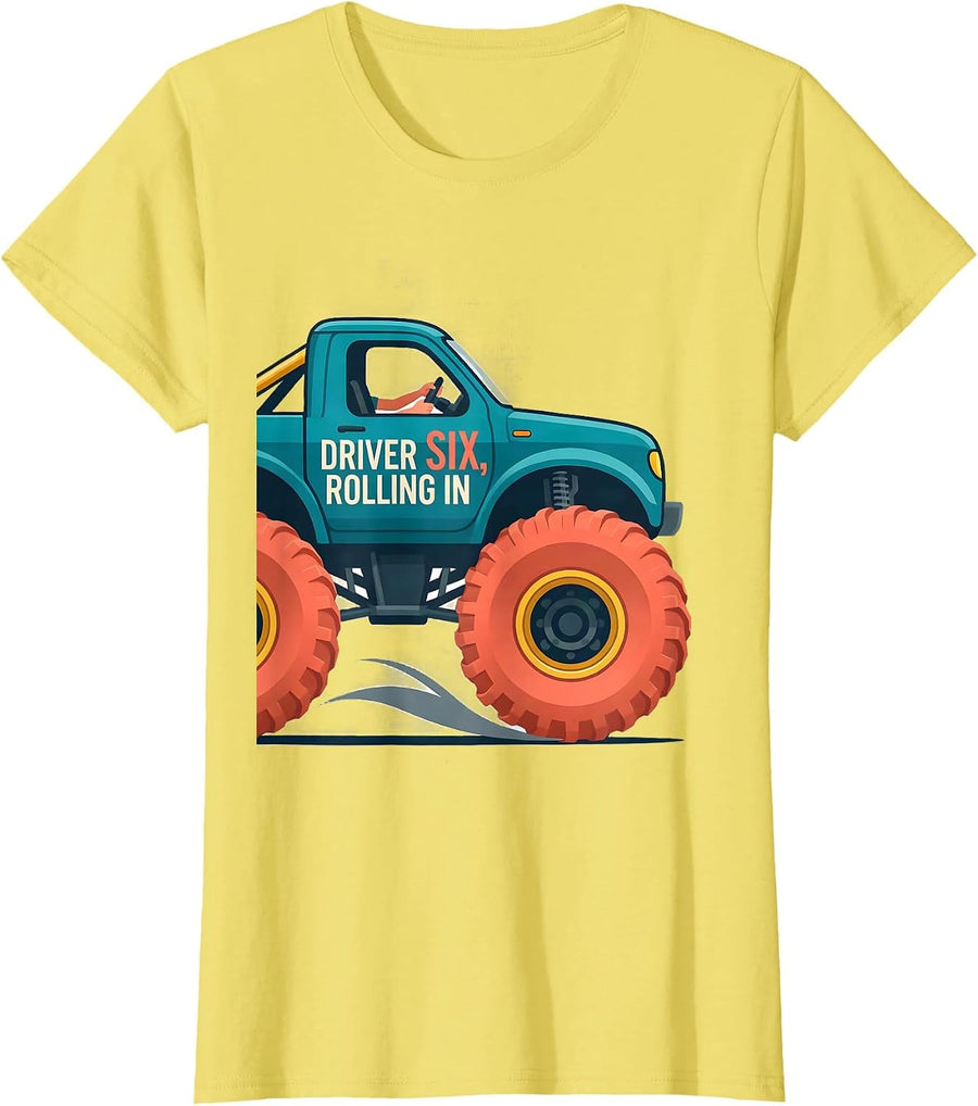 Women's Driver Six Rolling In Flat Vector Monster Truck Boys T-Shirt - Lemon Yellow