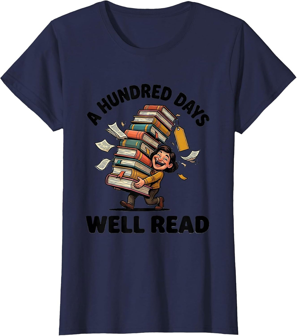Women's A Hundred Days Well Read Cartoon Reading Teacher Librarian T-Shirt - Navy Blue