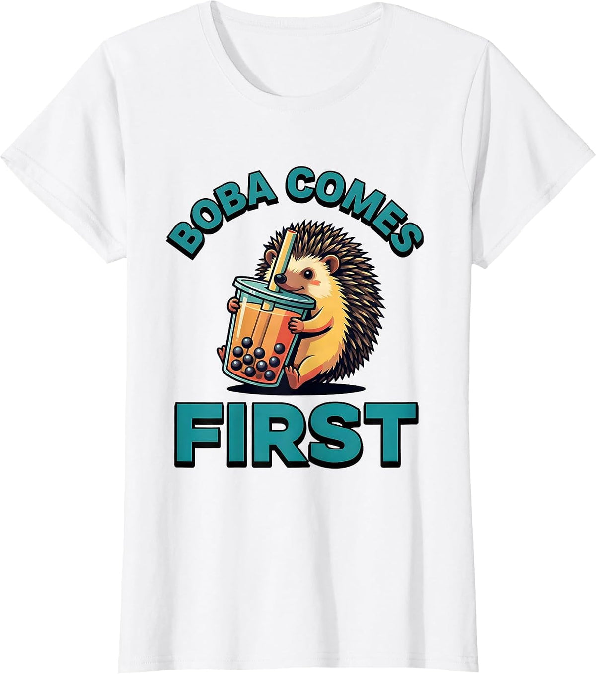 Boba Comes First Cute Kawaii Hedgehog Boba Tea Anime Humor T-Shirt - White