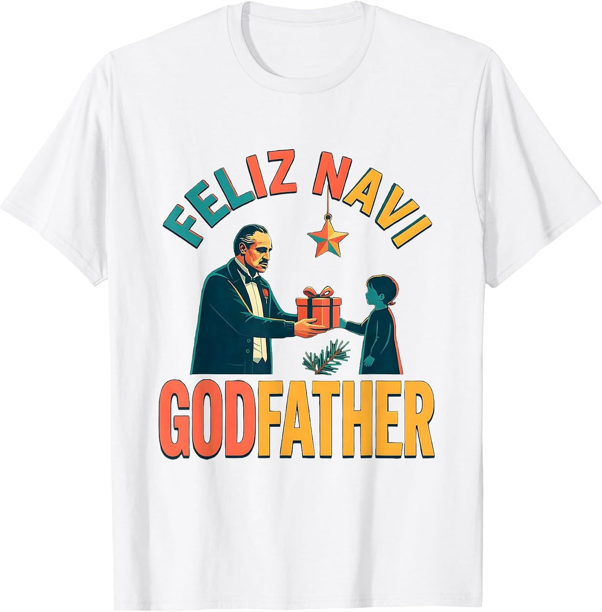 Men's Feliz Navi Godfather Funny Christmas Dad Pun Ugly Sweater T-Shirt - White