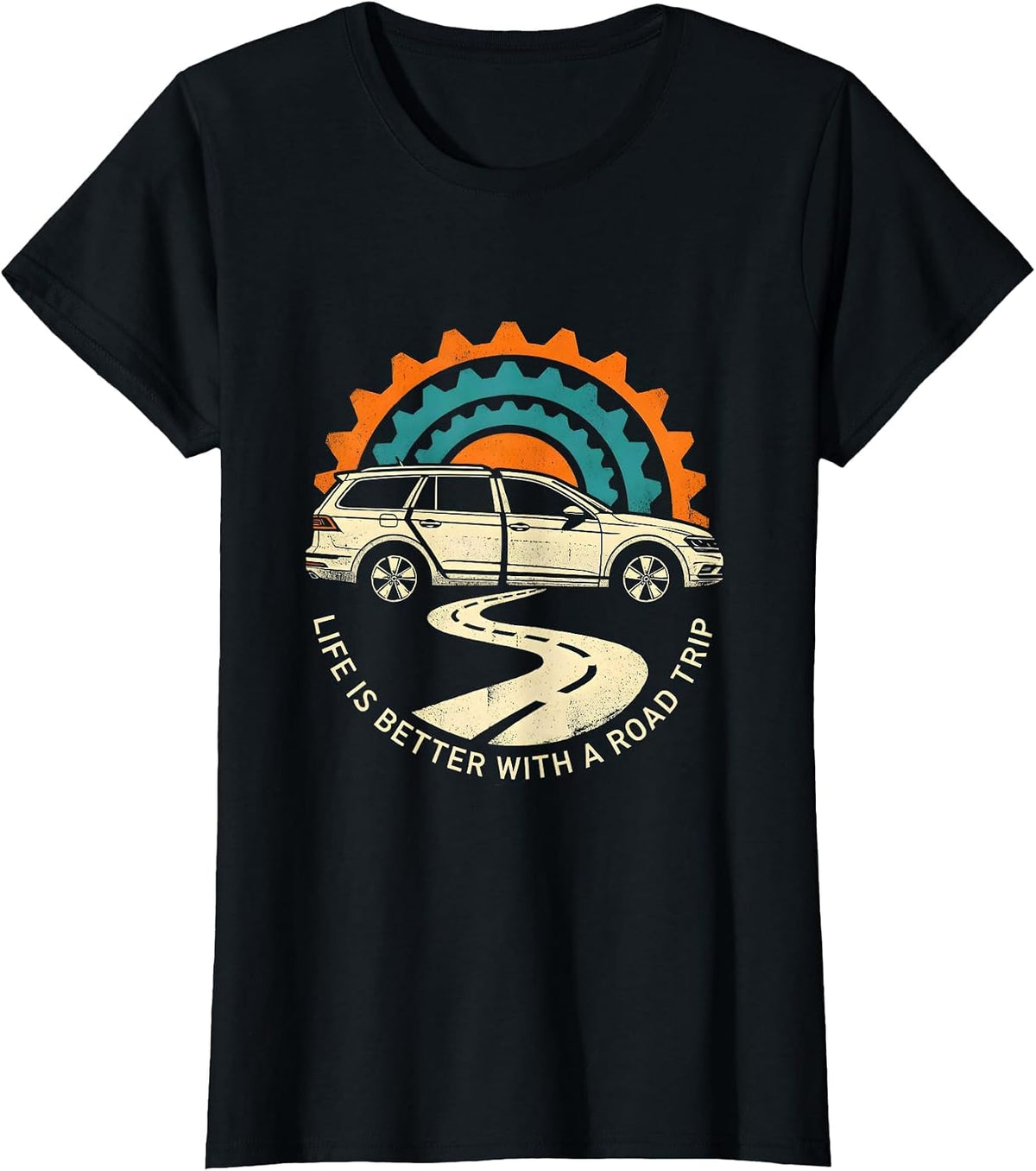 Life Is Better With A Road Trip Retro Vintage Novelty T-Shirt - Black