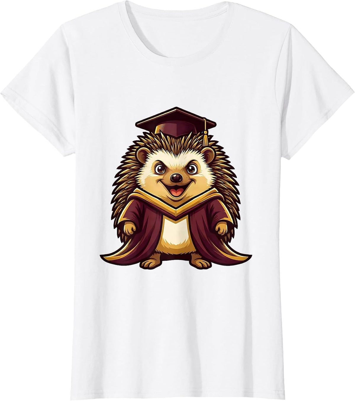 Women's Hedgehog Graduation Cap and Gown Cute College Art T-Shirt - White