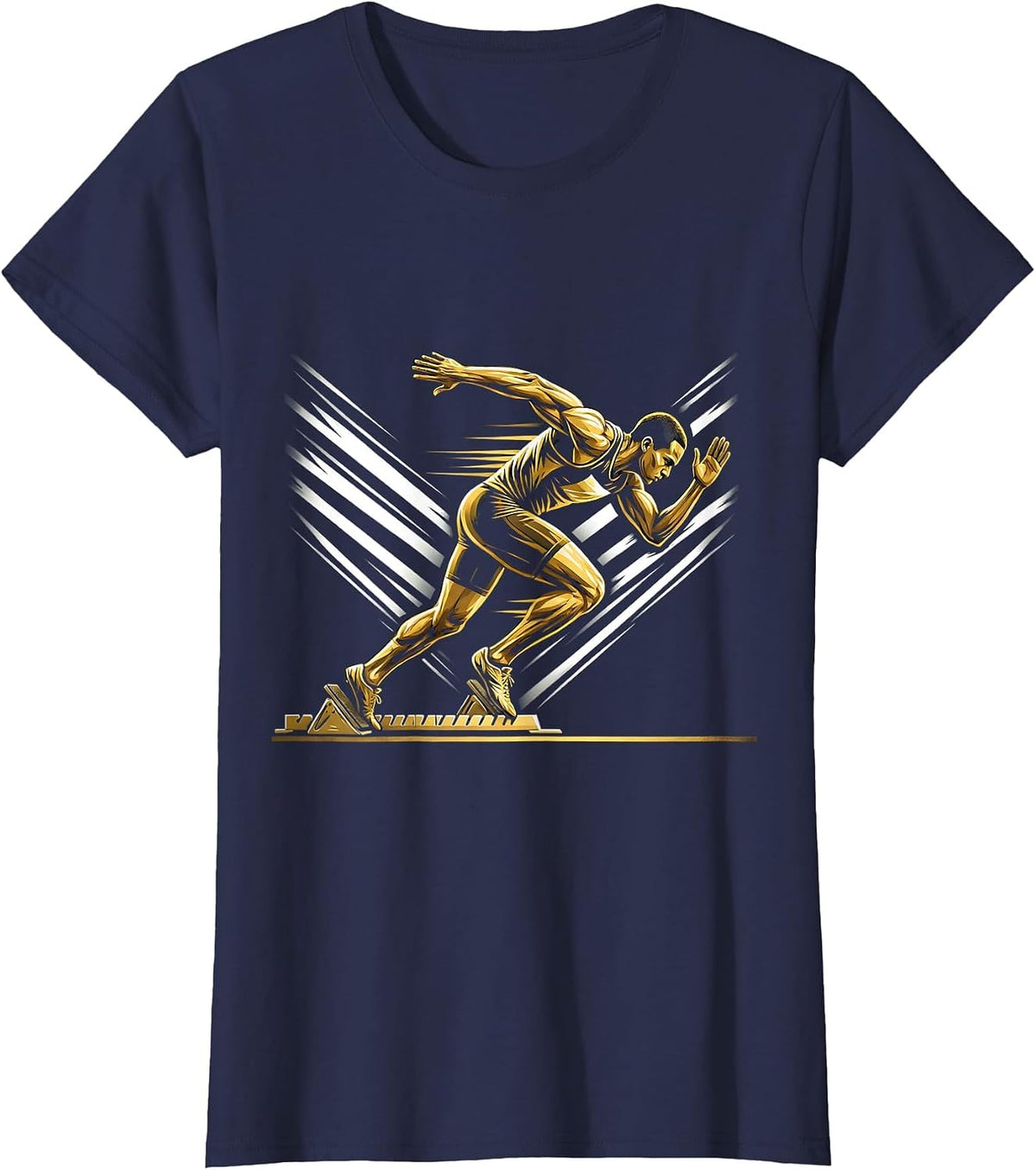 Women's Sprinter Exploding Off Starting Blocks Design T-Shirt - Navy Blue