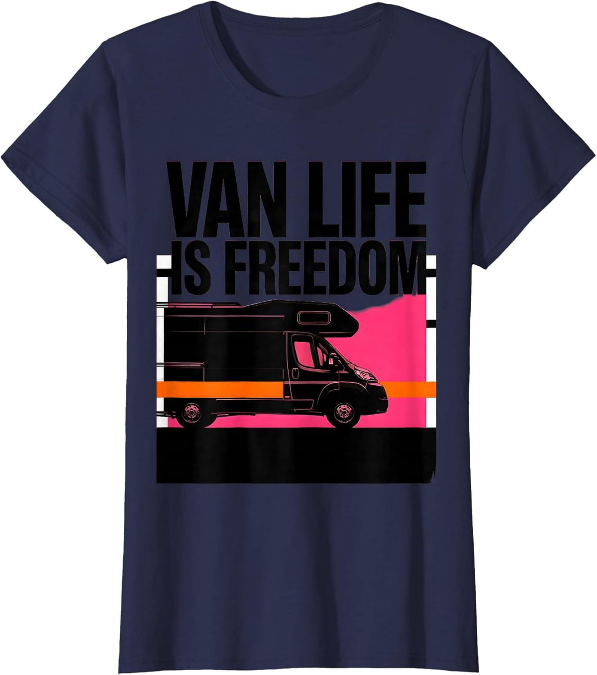 Women's Van Life Is Freedom Brutalist Van Dwellers Nomad Retro T-Shirt - Navy Blue