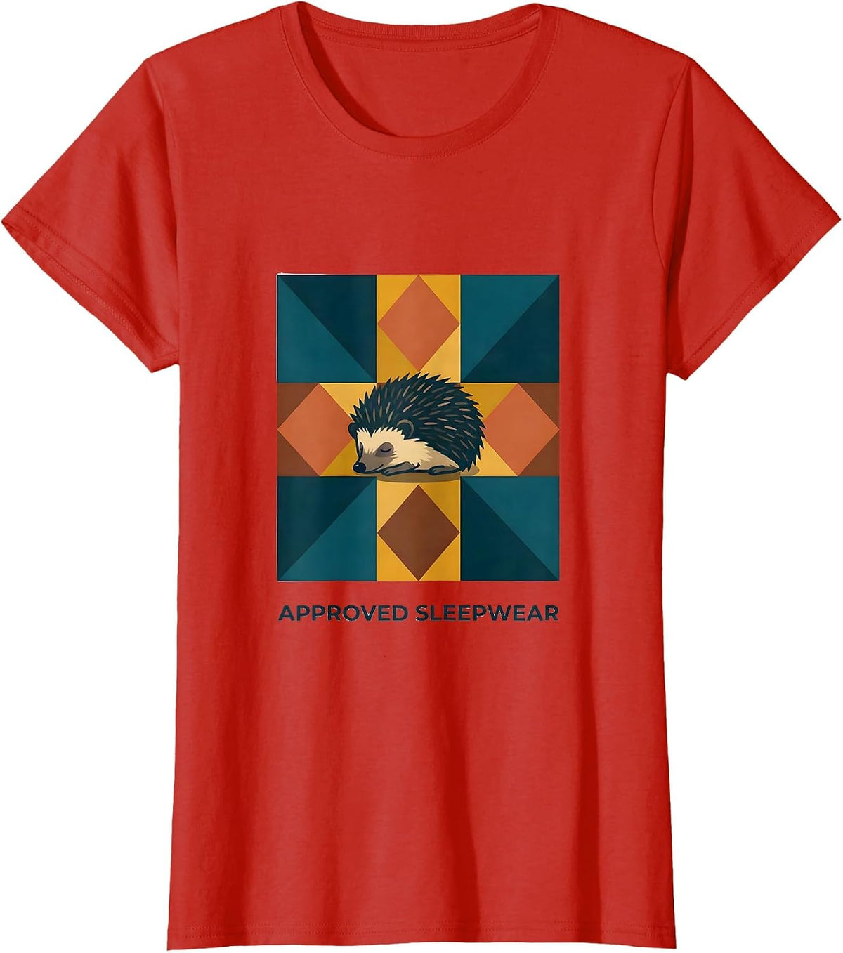 Approved Sleepwear Quilt Block Patchwork Hedgehog Humor T-Shirt - Red