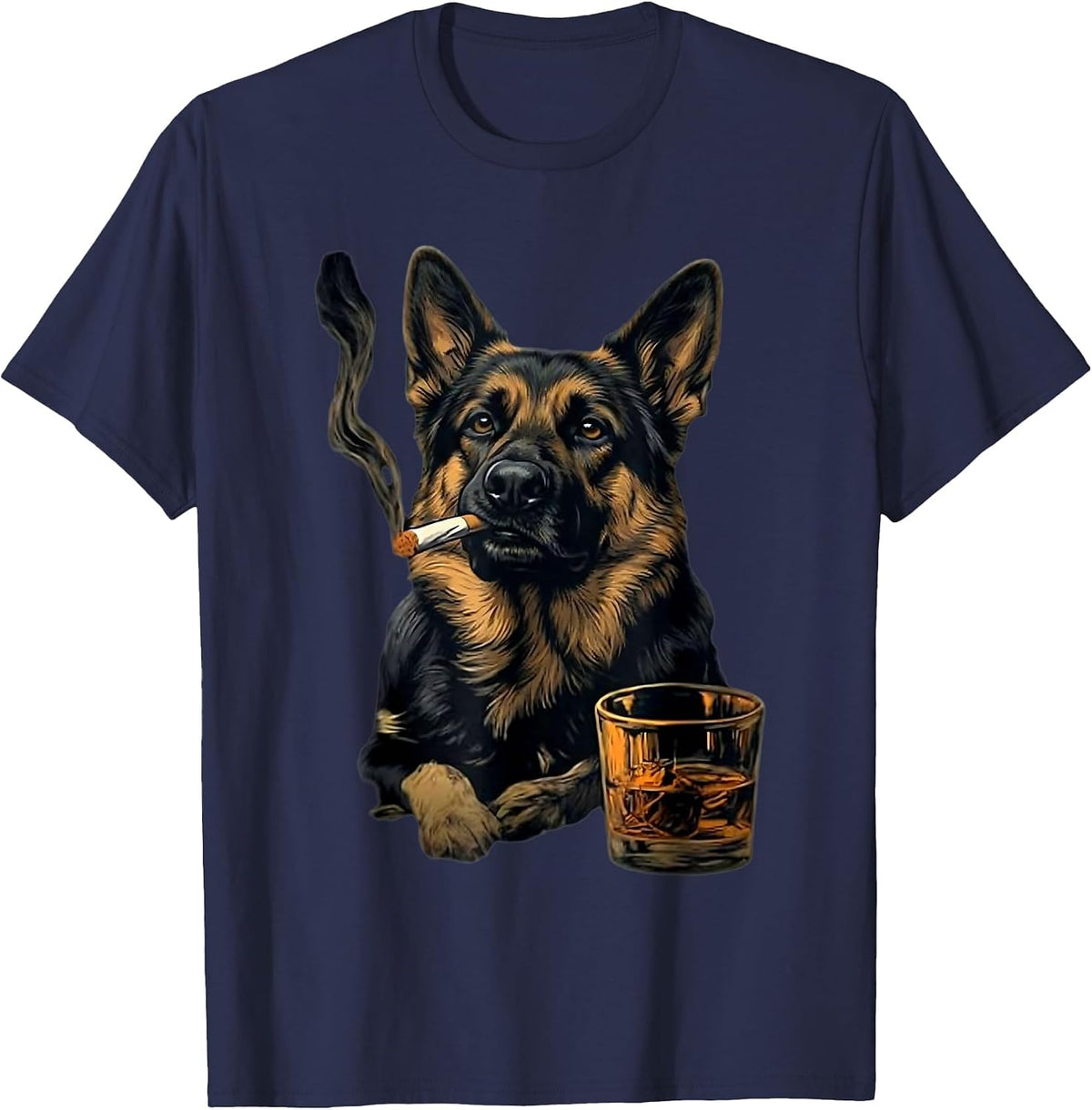 German Shepherd Dog Smoking Cigarette Whisky Lover Funny Dog T-Shirt - Navy Blue