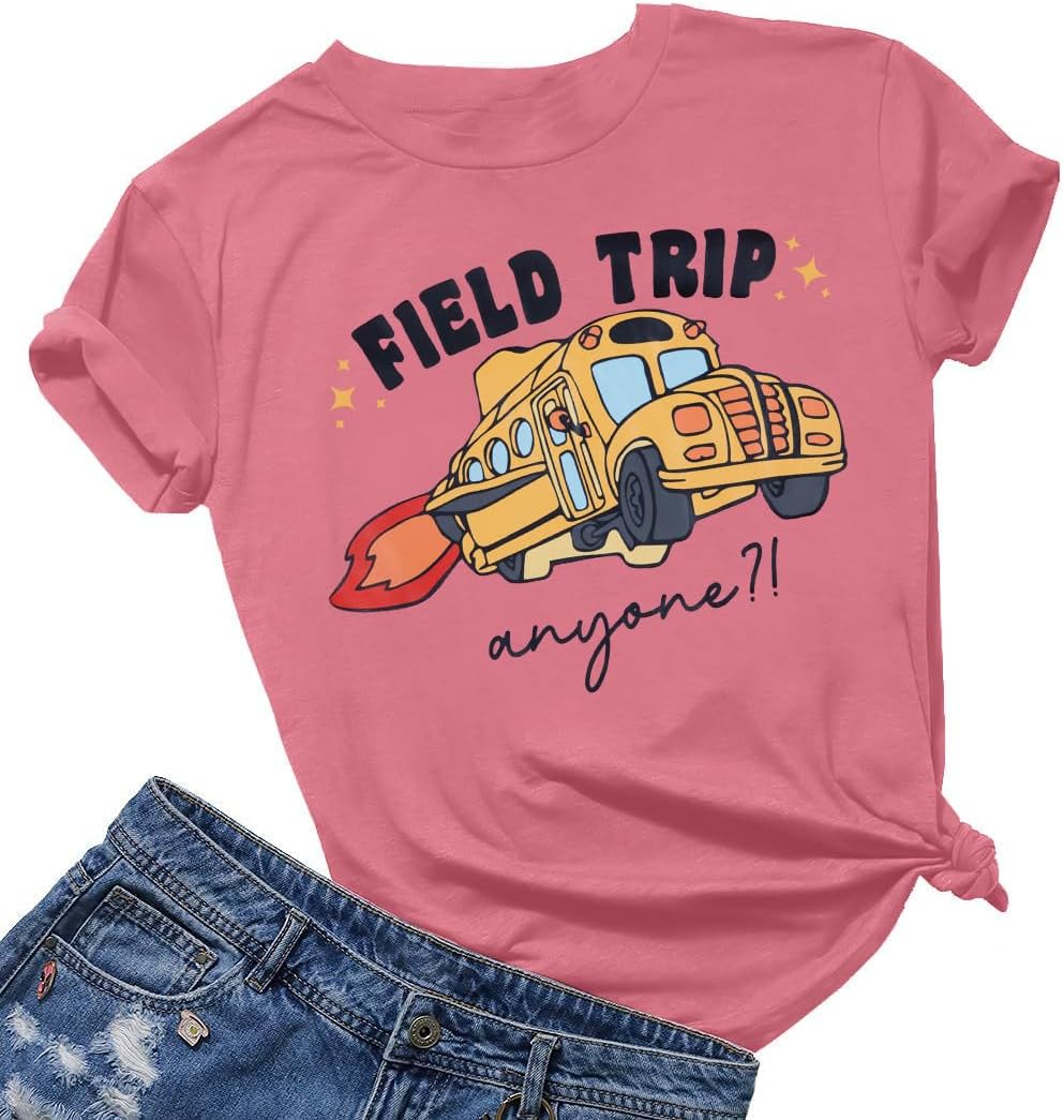 Teacher Shirts for Women Field Trip Anyone Tshirt Summer Camp Tee Tops - Field Trip-pink