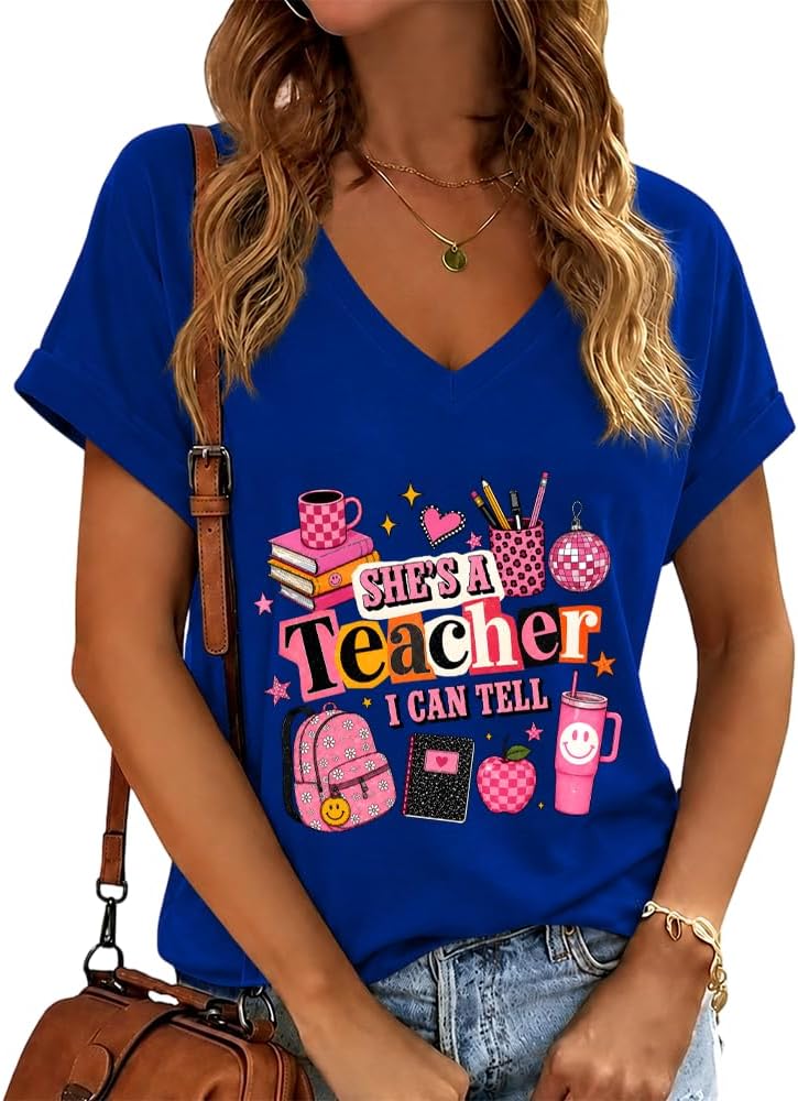 She’s A Teacher I Can Tell Shirt Funny School Teachers T-Shirt - V-Neck Royal Blue