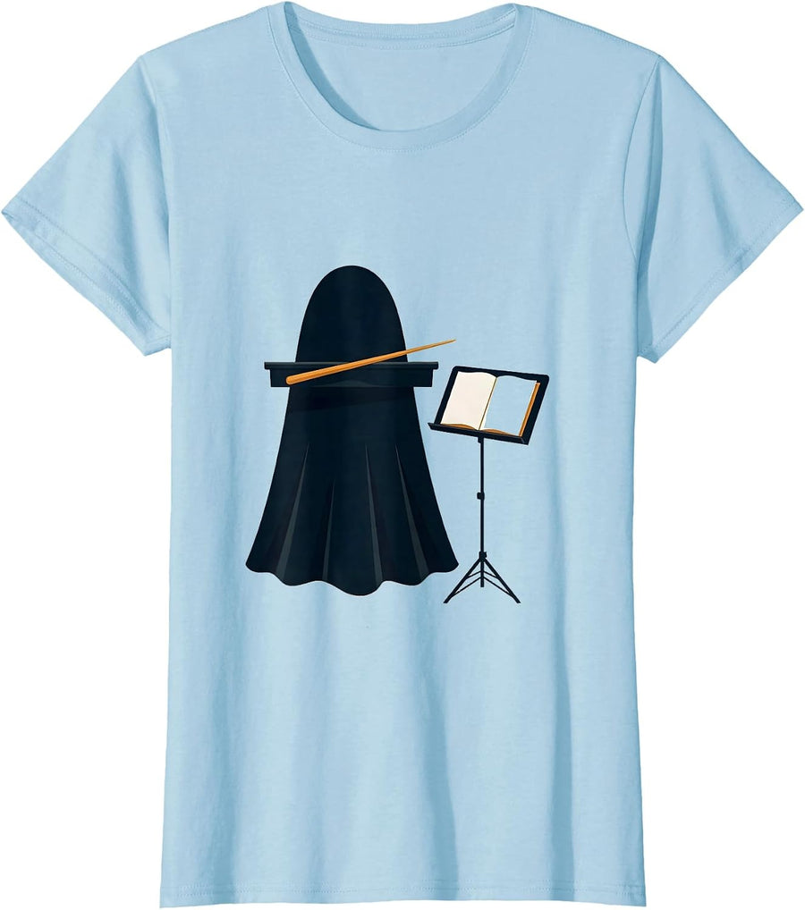 Women's Ghost Conductor Platform Editorial Halloween Music Teacher T-Shirt - Baby Blue