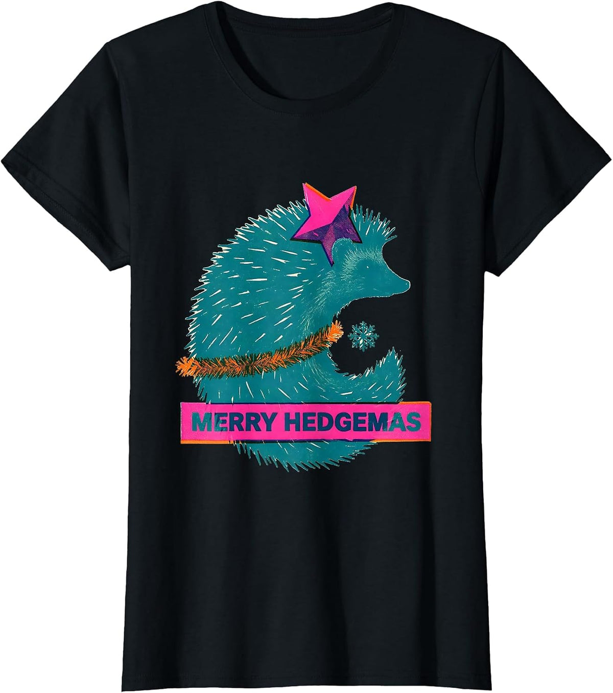 Merry Hedgemas Risograph Hedgehog Christmas Star Humor Gift T-Shirt - Black