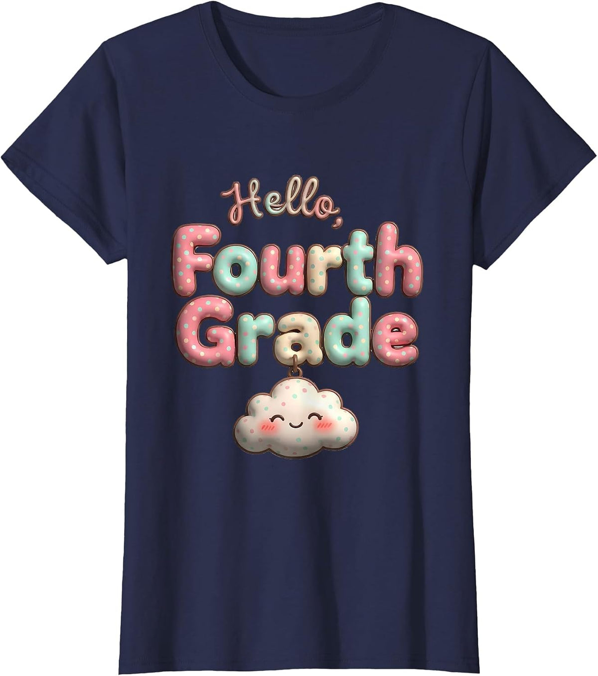 Women's Hello, Fourth Grade Cute Kawaii Preppy Teacher Back T-Shirt - Navy Blue