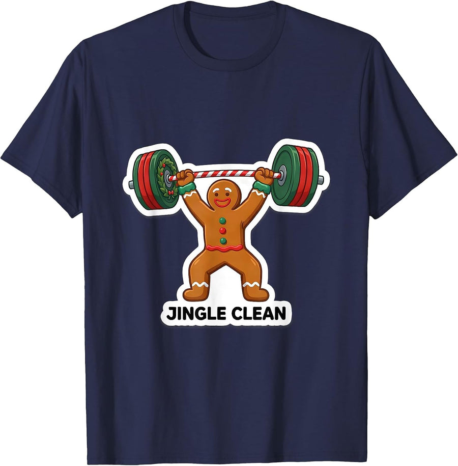 Jingle Clean Funny Gingerbread Man Gym Weightlifting T-Shirt - Navy Blue