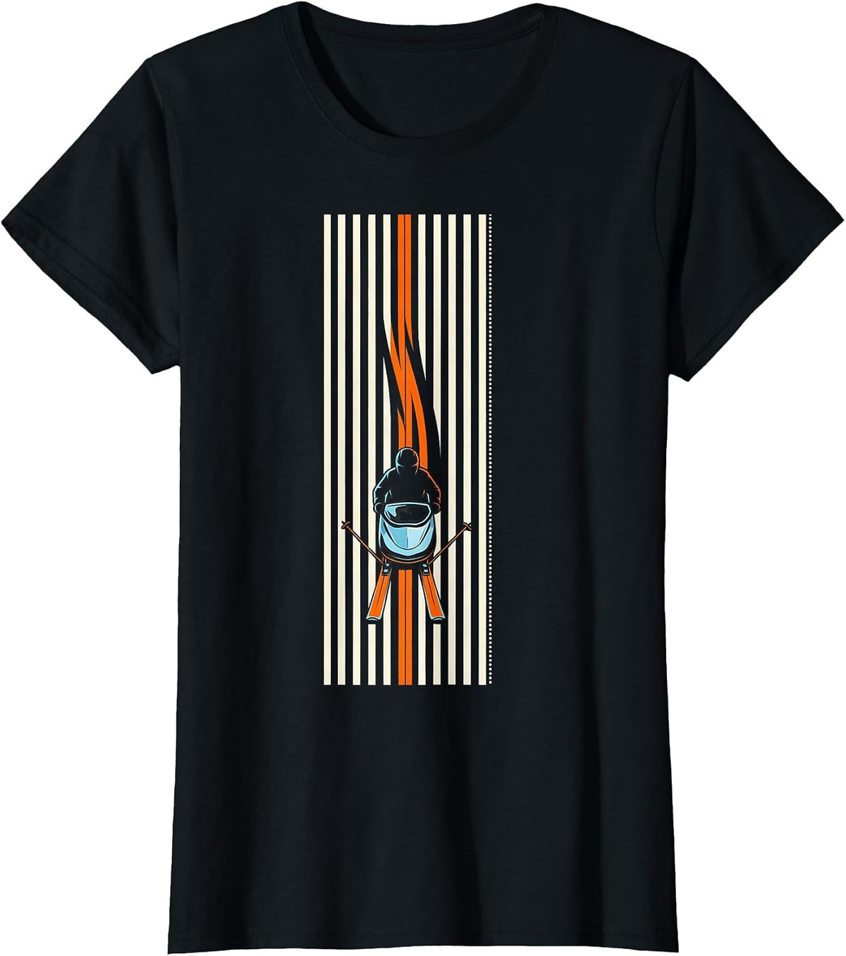 Women's Compact Vertical Stripe Snowmobile Rider Winter Humor T-Shirt - Black
