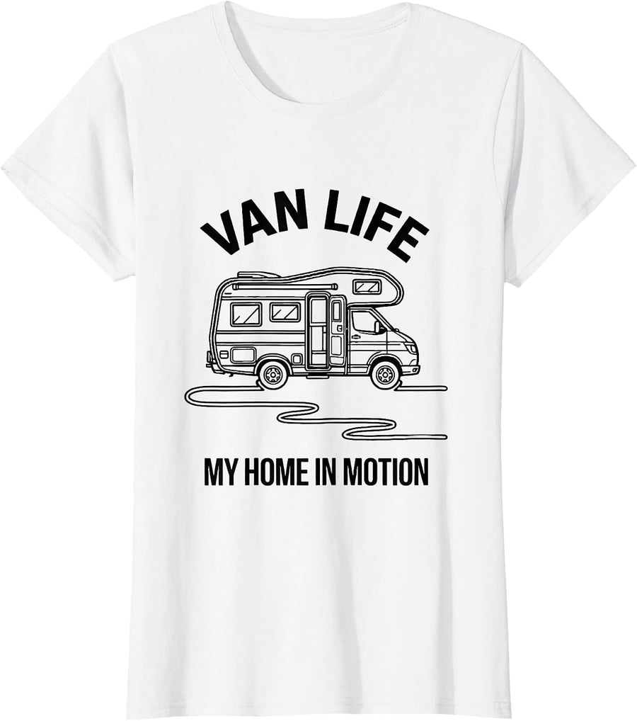 Women's Van Life, My Home In Motion Retro Camper Vanlife Nomads T-Shirt - White