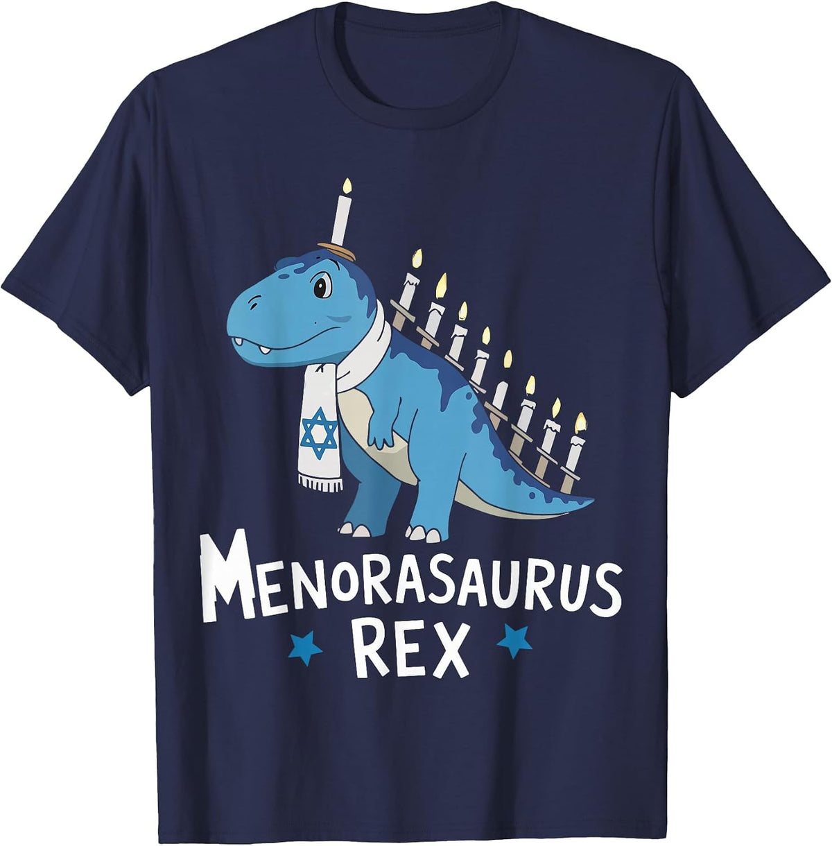 Hanukkah Dinosaur Menorasaurus T Rex Dino T-Shirt - Navy Blue
