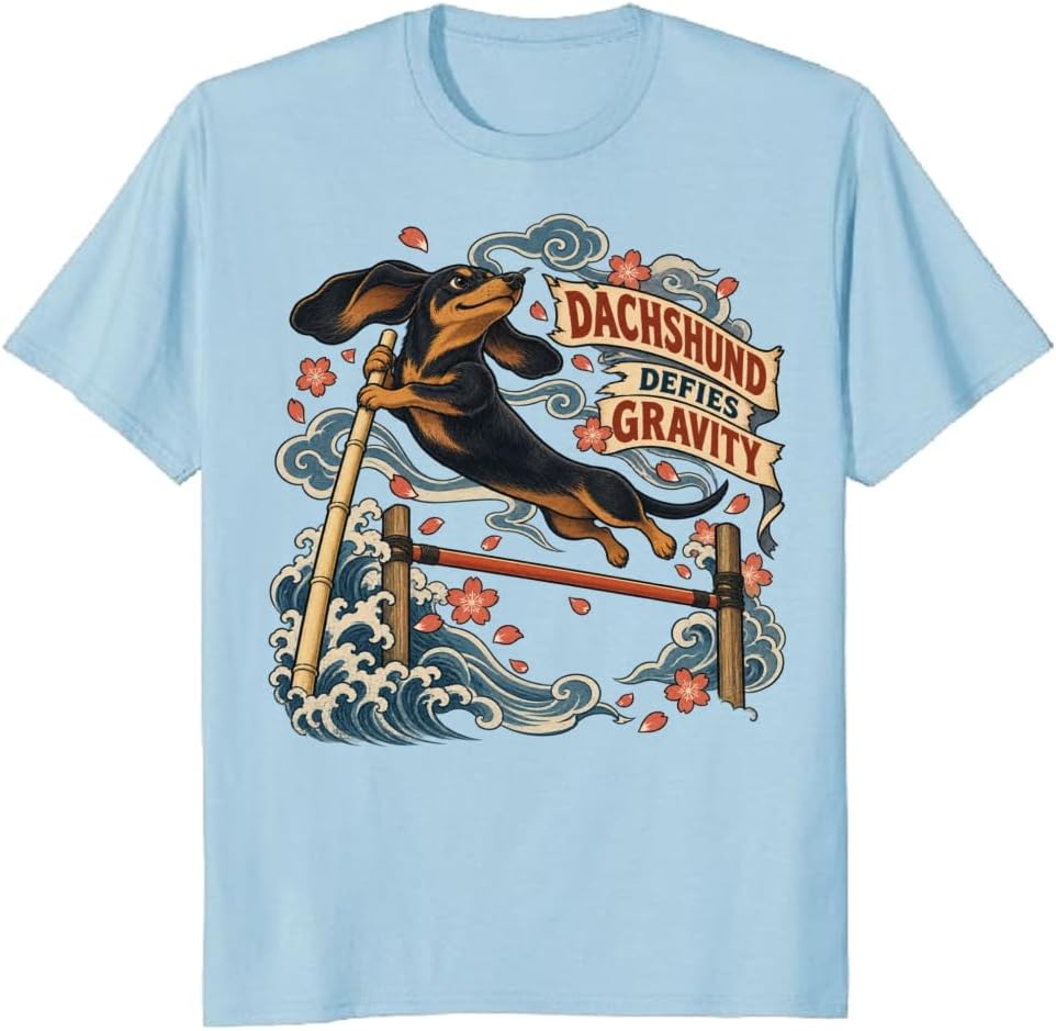 Ukiyo-e Dachshund Pole Vault T-Shirt Dog Lover Graphic Tee - S5