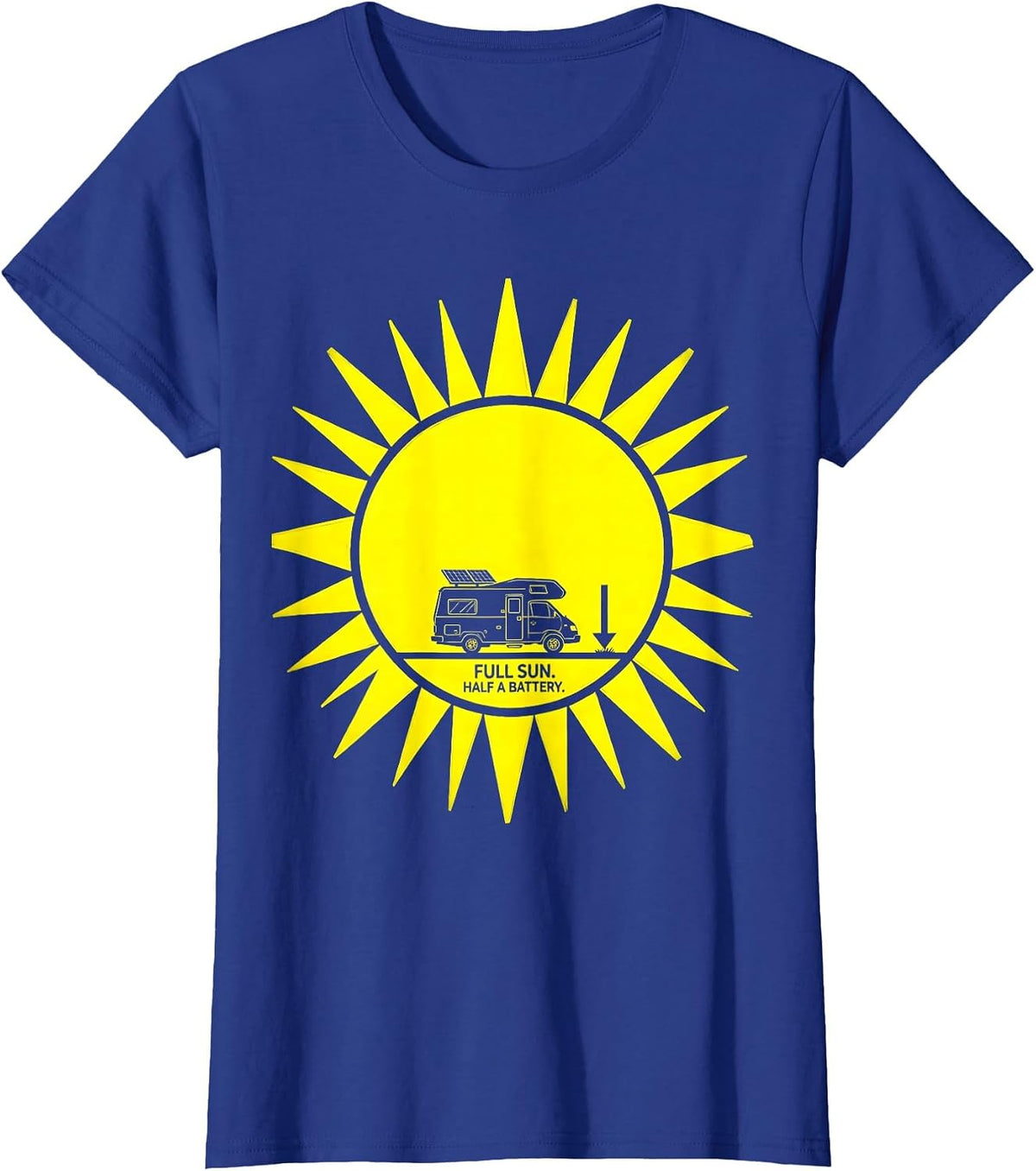 Women's Full Sun Half A Battery Retro Van Life Nomad Travel Pride T-Shirt - Royal Blue