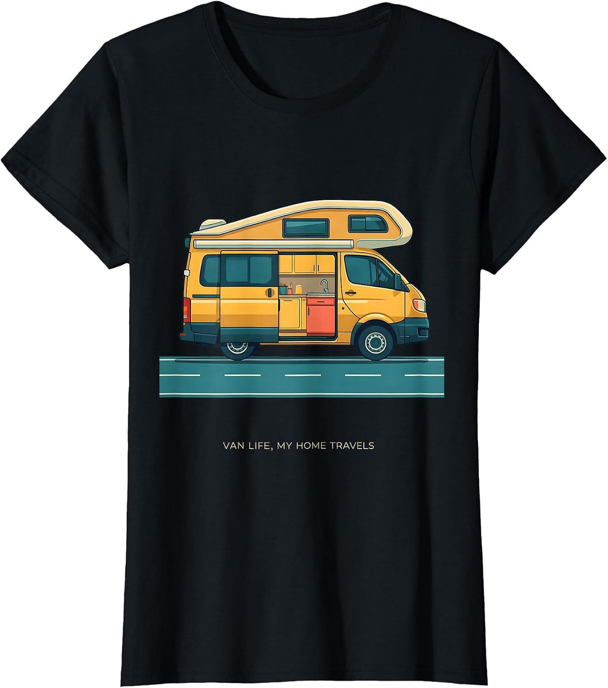 Women's Van Life My Home Travels Retro Van Dwellers Nomad Travel T-Shirt - Black