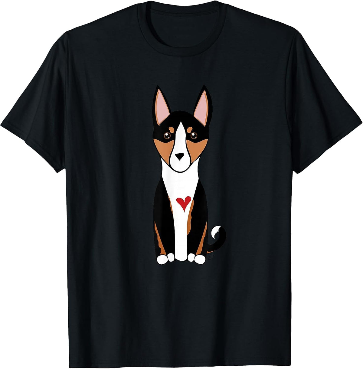 Tricolor Basenji Dog Hound Breed with a Red Heart T-Shirt - Black
