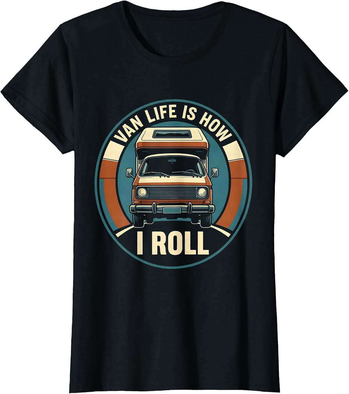 Women's Van Life Is How I Roll Retro Van Dwellers Nomad Travel Pride T-Shirt - Black