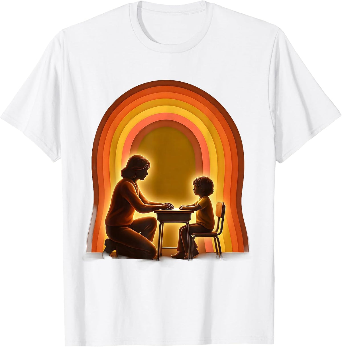 Men's Paraprofessional Aide Kneeling at Student Desk T-Shirt - White
