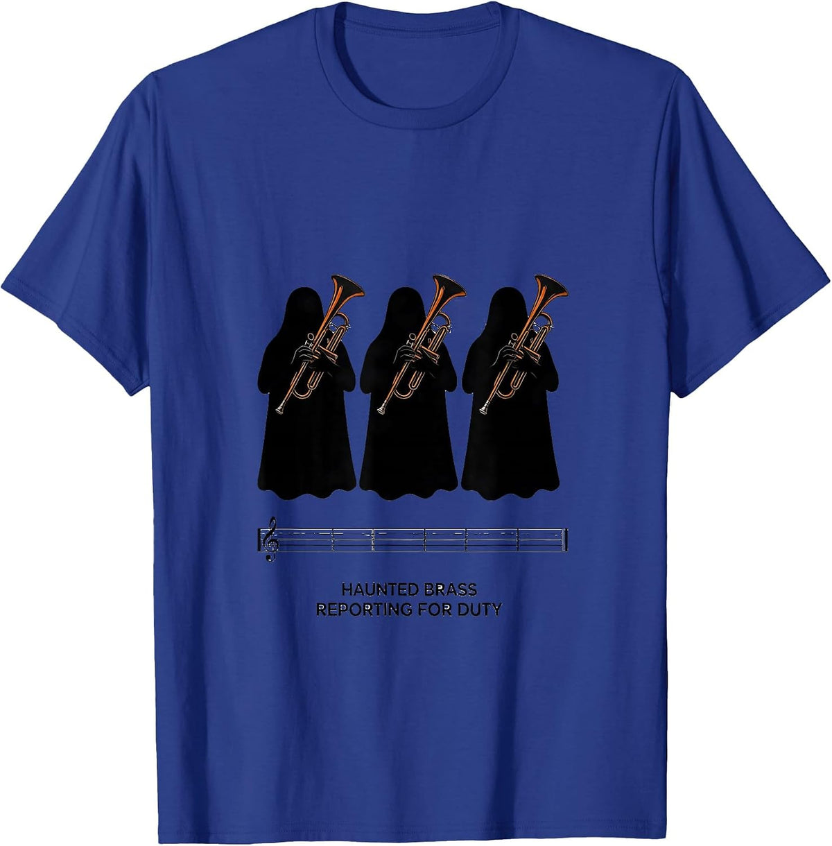 Haunted Brass Reporting For Duty Minimalist Ghost Musician T-Shirt - Royal Blue