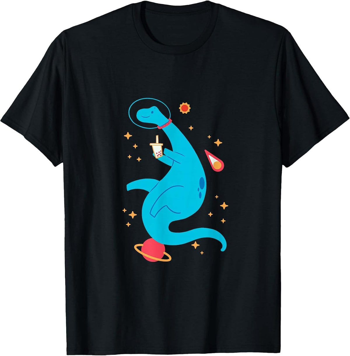 Cute Brontosaurus Astronaut Space Dinosaur T-Shirt - Black