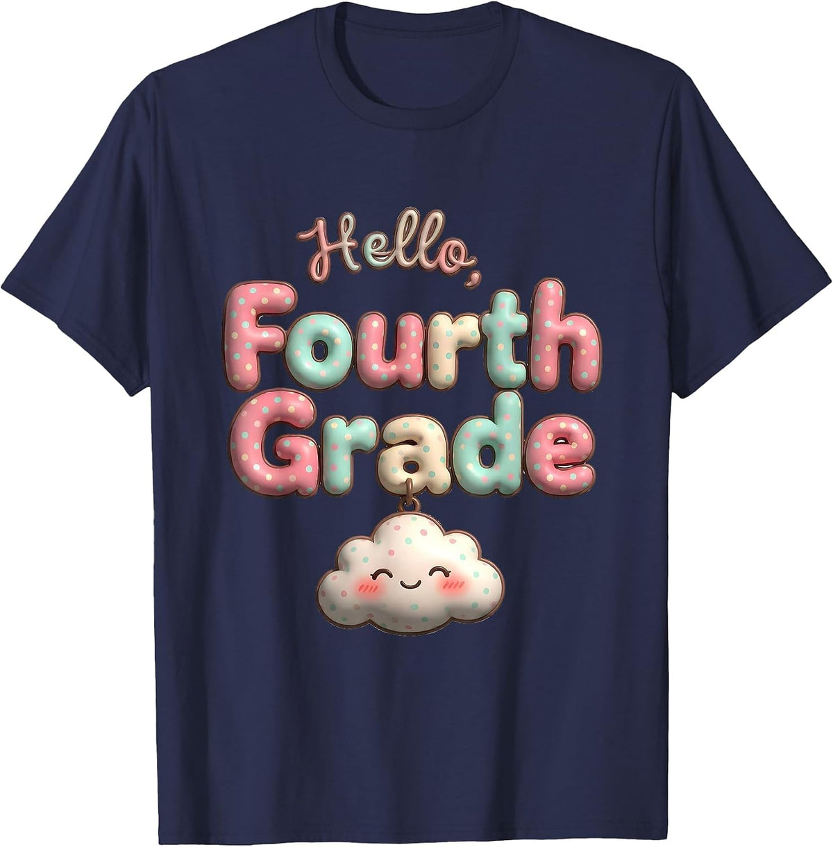 Men's Hello, Fourth Grade Cute Kawaii Preppy Teacher Back T-Shirt - Navy Blue