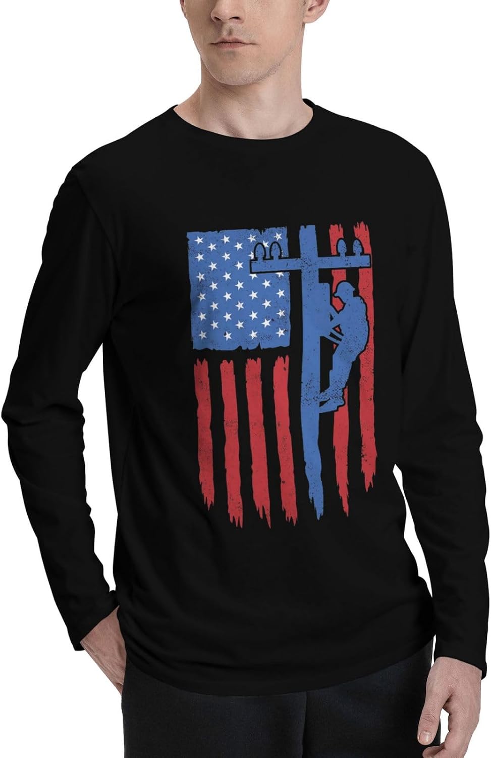 American Flag Lineman Cotton Shirts for Mens,Classic Everyday Shirts Long Sleeve T-Shirts Crewneck Fashion T - As Pictured