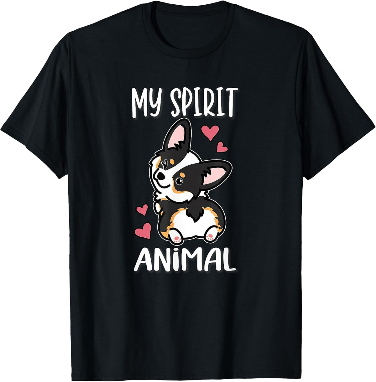Girls Womens Kawaii Spirit Animal Black Tricolor Corgi Lover T-Shirt - Black