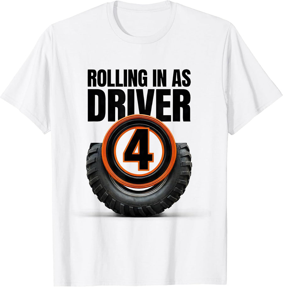 Men's Rolling In As Driver 4 Funny Monster Truck 4th Birthday Boy T-Shirt - White