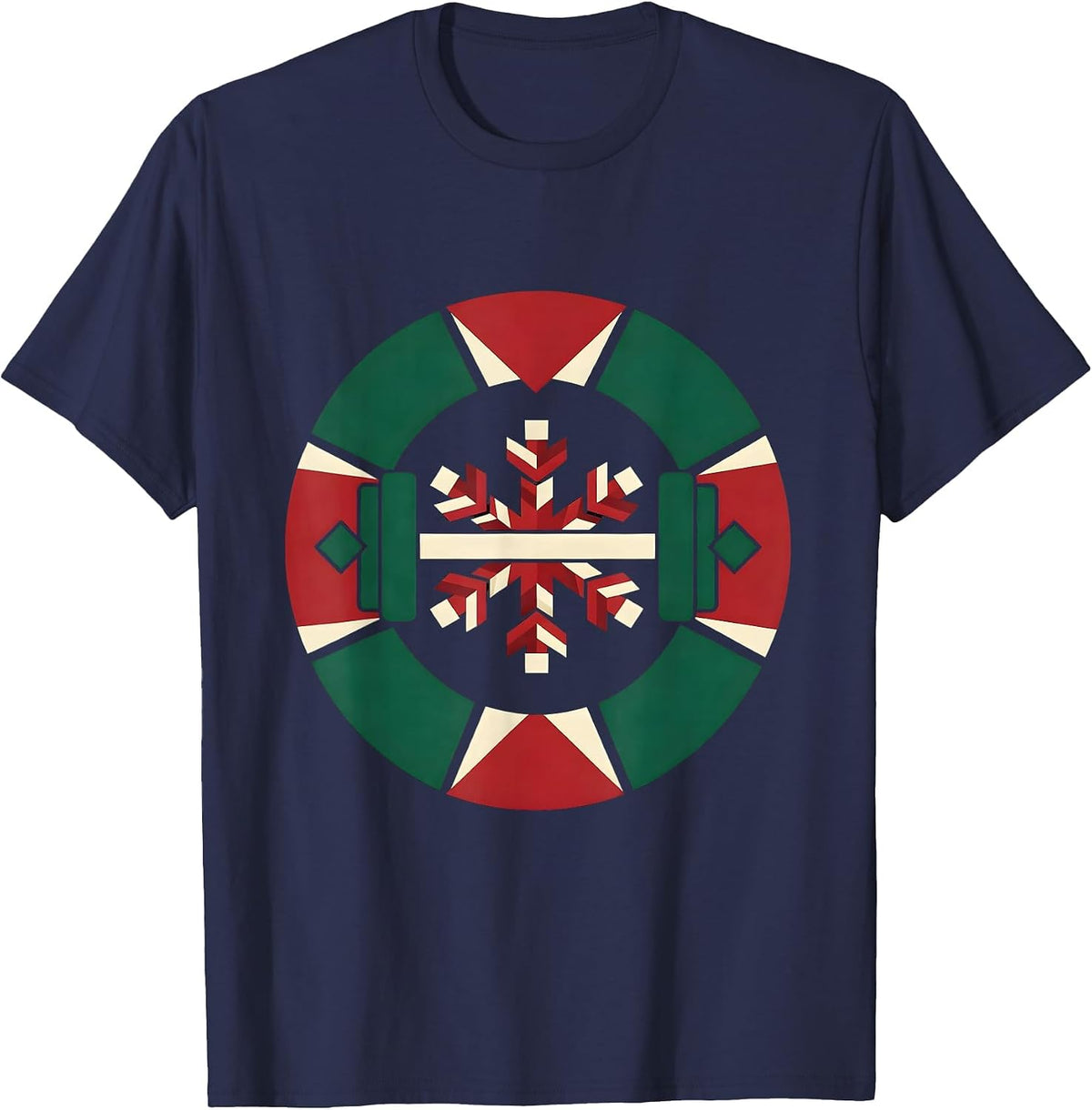 Quilted Barbell Snowflake Gym Humor Christmas Fitness Gift T-Shirt - Navy Blue