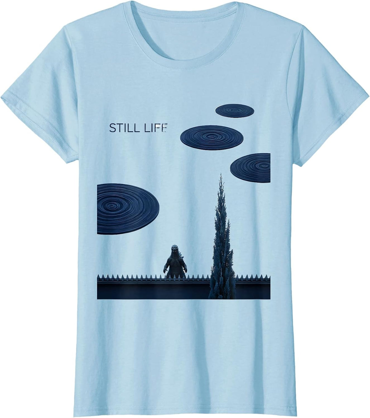 Still Life Minimalist Kaiju Van Gogh Starry Night Art Parody T-Shirt - Baby Blue