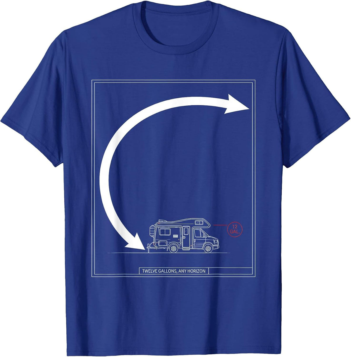 Twelve Gallons Any Horizon Technical Blueprint Retro Van T-Shirt - Royal Blue