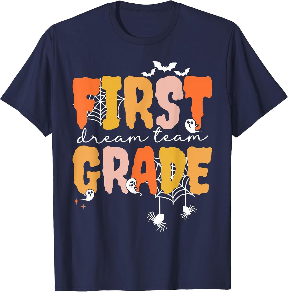 First Grade Dream Retro Team Fall Halloween Spooky Teachers T-Shirt - Navy Blue