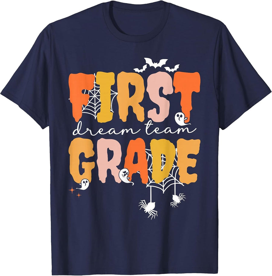 First Grade Dream Retro Team Fall Halloween Spooky Teachers T-Shirt - Navy Blue