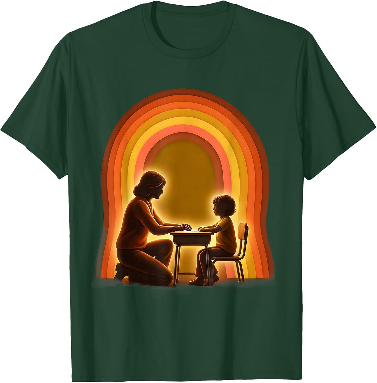 Men's Paraprofessional Aide Kneeling at Student Desk T-Shirt - Dark Green