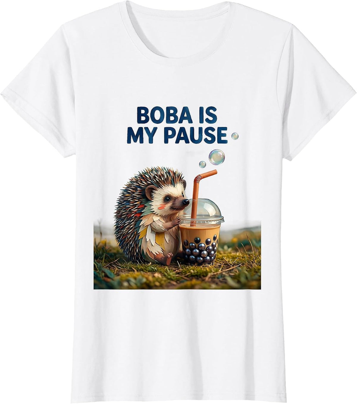 Women's Boba Is My Pause Cute Kawaii Hedgehog Anime Boba Tea Lover T-Shirt - White