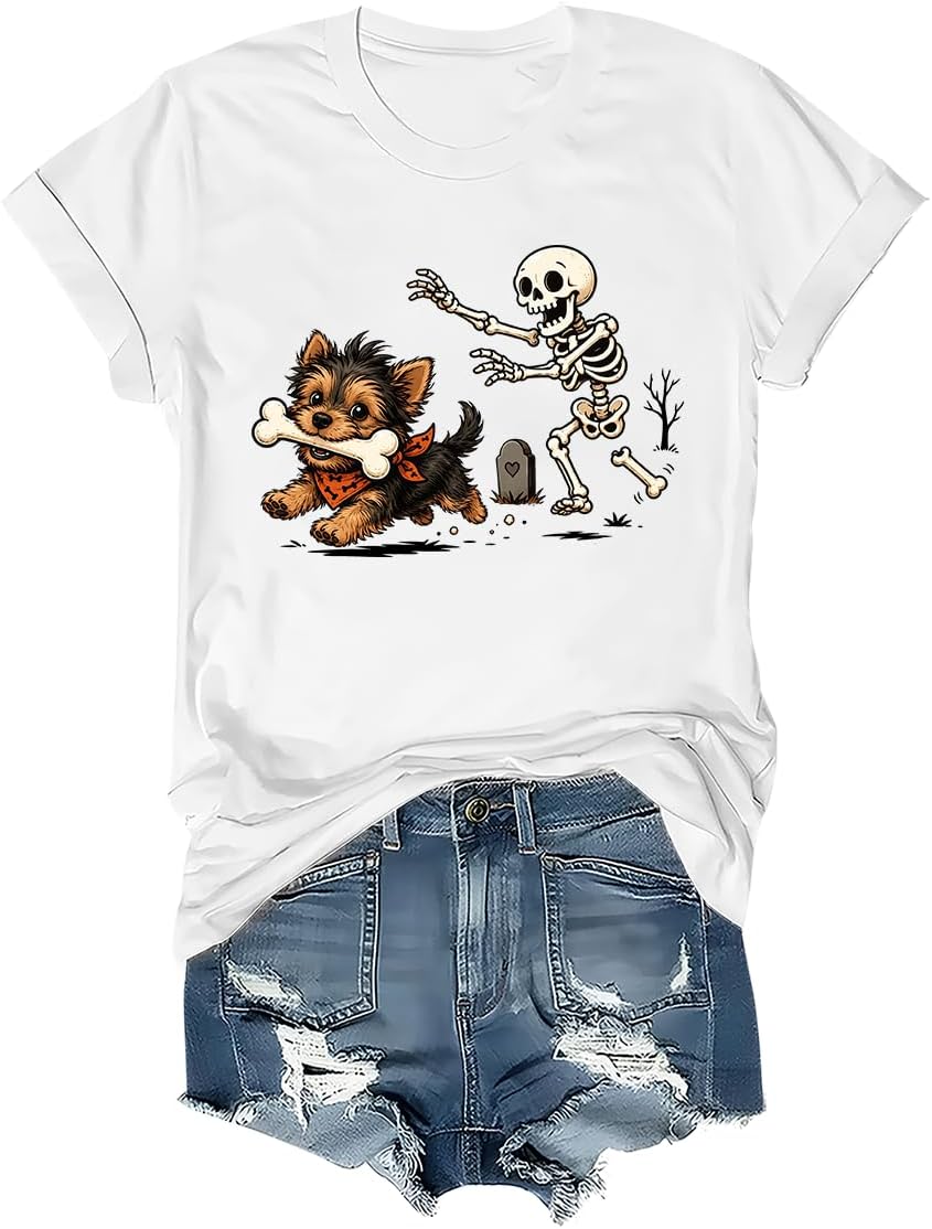 Yorkie Skeleton Shirt, Halloween Yorkie Dog Yorkshire Terrier T-Shirt - Crew Neck White-1