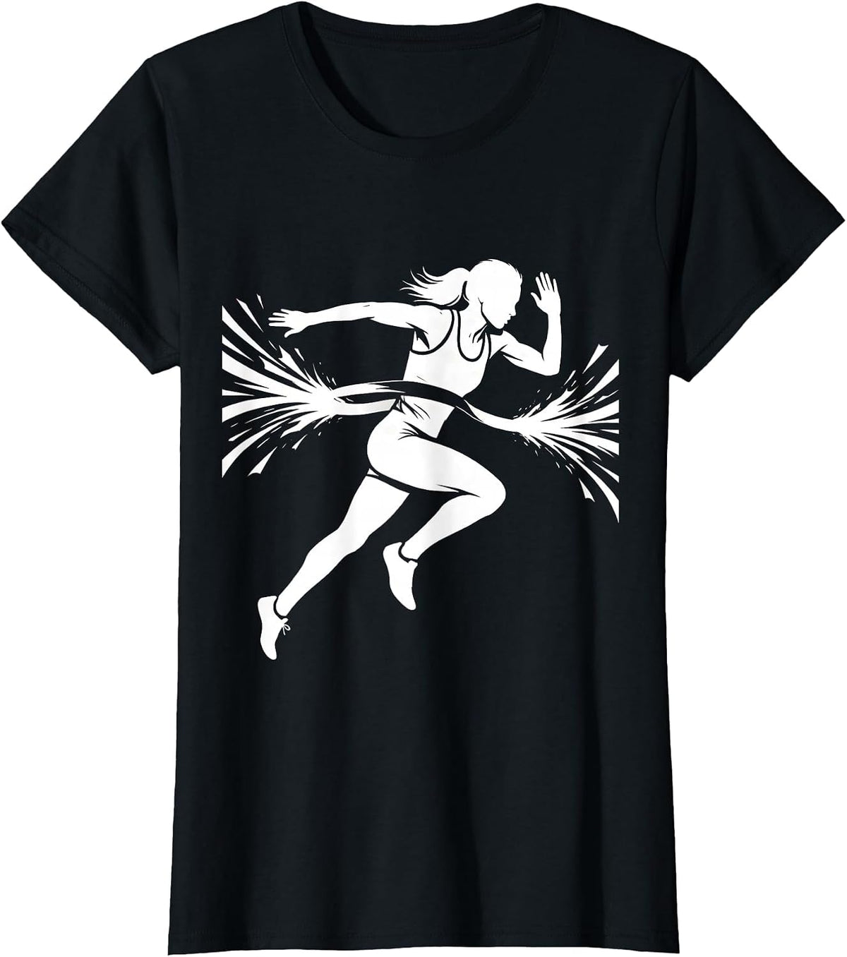 Woman Sprinter Bursting Through Finish Line T-Shirt - Black