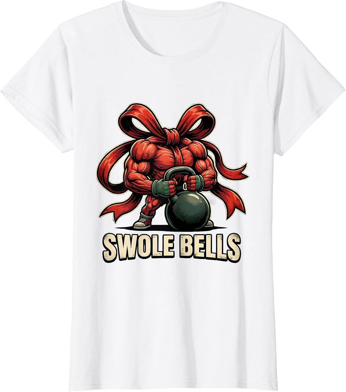 Women's Swole Bells Distressed Funny Christmas Gym Weightlifting T-Shirt - White
